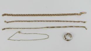 Four 9ct gold chain link bracelets (three a/f), together with a single 9ct gold earring.