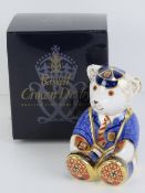 Royal Crown Derby Paperweight; 'School Boy Teddy', gold stopper or button, with box.