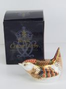 Royal Crown Derby Paperweight; 'Derby Wren', gold stopper or button, with box.