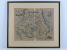 A late 16th Century map of Dvnelmensis (Durham) by Christopher Saxton, hand coloured,
