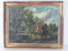 Oil on canvas; a late 18th / early 19th century rural study, waterside cottage, cart and trees,