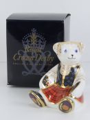 Royal Crown Derby Paperweight; 'Shona Bear' Scottish Teddy bear, gold stopper or button, with box.