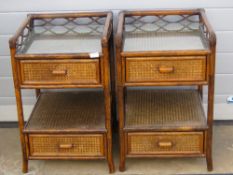 A pair of bamboo and wicker bedside tables each with twin drawers,
