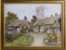A pair of contemporary oil on board paintings of village scenes,