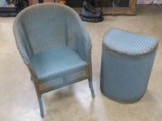 Lloyd Loom; a blue painted 'lusty' wicker bedroom set comprising chair and laundry basket.