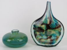 A short glass mottled blue and green vase, 8cm high, together with an Art Glass stem vase,