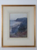 Watercolour; a cliff top view of a coastal scene, houses, pier, boats and groynes beyond,