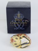 Royal Crown Derby Paperweight; 'Country Mouse', gold stopper or button, with box.
