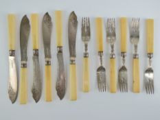 A set of six Victorian fish knives and forks each having silver blades or tines hallmarked for