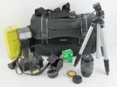 A vintage Pentax P30T camera with camera accessories and bag, including Soligor 42 D dedicated TTL,