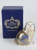 Royal Crown Derby Paperweight; 'King Charles Spaniel', gold stopper or button, with box.