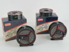 Two boxed Leeda LC series fly reels, together with two matching LC spools with line.
