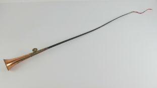 A highly unusual hunting horn whip, the side blown copper horn to the upper section,