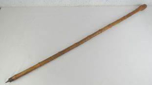 A bamboo walking cane with carved fir co