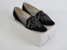 Emma Hope; A pair of black velvet sequinned ladies slippers having leather soles, size 38,