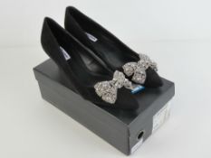 Dune; A pair of ladies black suede stiletto kitten heels with jewel bow to front. Size 6/39.
