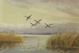 Roland Green (1896-1972), Ducks in Flight, pair of watercolours, both signed, 17 x 26cm