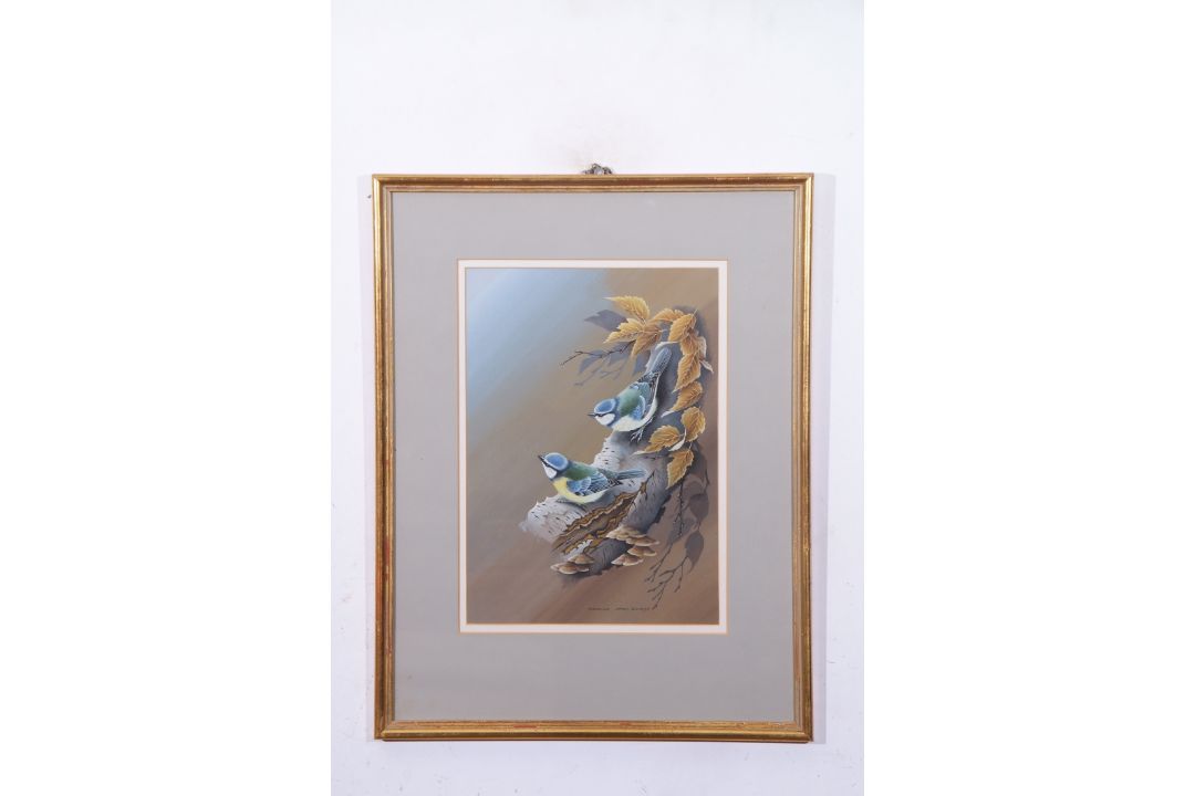 Terence James Bond (born 1946), "Pair of blue titmice", watercolour, signed and dated 73 lower