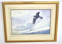 •AR Owen Williams (20th Century), Peregrine in Flight over Snowy Mountains, watercolour, signed
