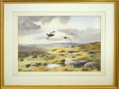 •AR Robert W Milliken (1920-2014), Grouse in Flight over Moorland, watercolour, signed lower