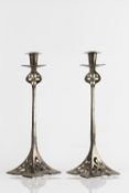 Pair of Secessionist style candlesticks chrome finish, unsigned 37cm high (2)