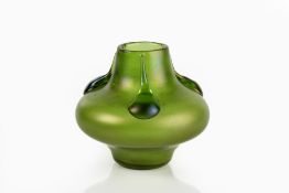 Attributed to Loetz iridescent green glass vase with applied teardrops, Art Nouveau, unsigned 8cm