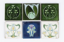 Six Art Nouveau tiles with stylised tubeline decoration, indistinct numbers impressed to the reverse