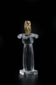 James Houston for Steuben 'Column of the Owl', in yellow metal and moulded glass, the column