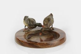 Austrian cold painted bronze ducks mounted on a onyx ashtray, unmarked 20cm across