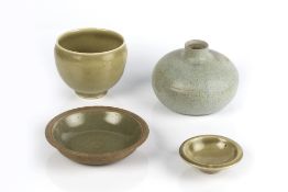 St. Ives pottery dish, celadon glaze, possibly Margaret Leach, impressed pottery mark to base 9cm