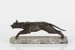 Art Deco sculpture of a dog spelter, unsigned, on a marble base, possibly French 38cm x 14cm