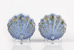 In the manner of Ludwig Moser (1833-1916) pair of blue enamel painted glass vases of shell form