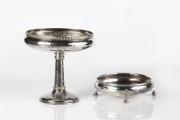 Arts and Crafts tazza silver plated, beaten effect with floral roundel to the interior of the