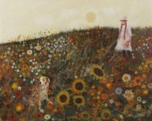 Aliosha Evdokimov (Russian, Contemporary) 'Girl with dog' oil on panel, signed and dated 1971