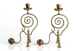In the manner of W.A.S. Benson (1854-1924) pair of candlesticks, circa 1900, brass and copper, swirl