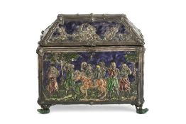 Limoges style white metal and enamel casket, 19th Century in the 17th Century style, velvet lining
