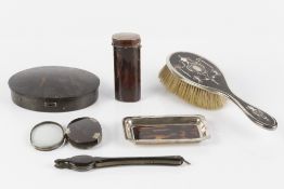 Collection of silver and tortoiseshell items to include: desk tray, circular box, silver mounted