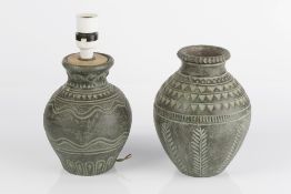 Two vases indistinctly marked (possibly Derona) to the base, one converted into a lamp tallest