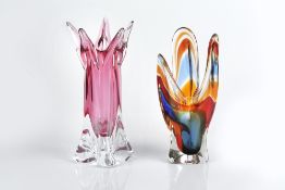 Josef Hospodka (Czechoslovakian) for Chribska glass tall handkerchief vase, red, orange, blue and