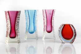 Mandruzzato Murano glass four textured vase, one with label three tallest vases measure 22.5cm high,