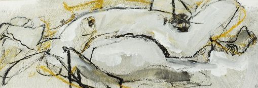 Valerie Davide (b.1938) 'Reclining figures' acrylic, unsigned 14cm x 40cm