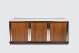 Heals sideboard, circa 1972, rosewood, with three mirrored doors and a marble top 168cm x 74cm x