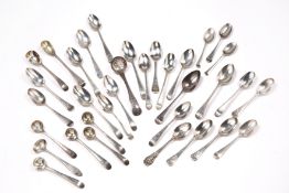 Collection of Georgian and later silver teaspoons salt spoons and others, various hallmarks, some