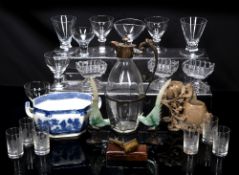 Group of glass and other pieces including a claret jug, a Chinese soapstone vase and pearlware