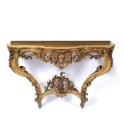 Giltwood and plaster Italianate console table 19th Century, with marble top, having a serpentine