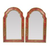Pair of painted arched mirrors each with gilt chinoiserie designs, 120cm high, 71cm across