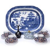 Pearlware Willow pattern platter 42cm, a Delft butter dish, a part coffee set and cobalt blue and