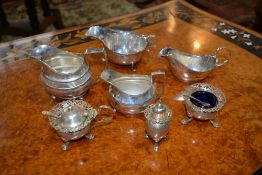 Collection of silver consisting of a sauce boat with indistinct Chester hallmark, pair of condiment