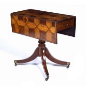 Parquetry supper table George III, with two drop flaps on a turned column and brass paw castors,