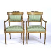 Pair of original painted elbow chairs French, 19th Century, with acanthus leaf backs and later green